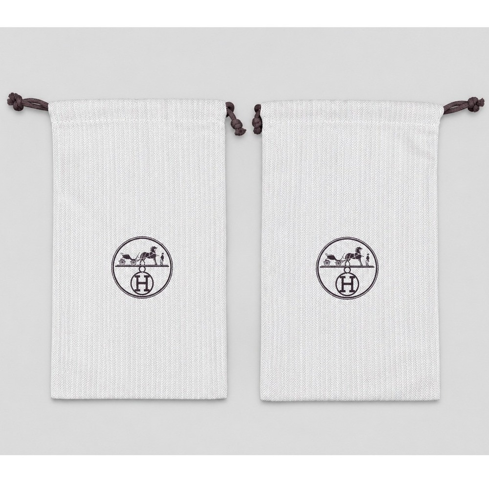 Hermes Set of 2 Herringbone Canvas Dust Bags Grey White Drawstring 13.5x7.25